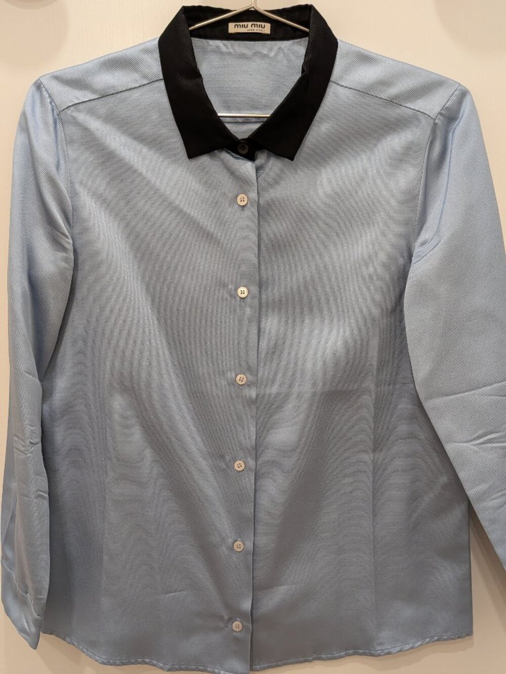 Miu Miu Light Blue Silk Faille Button Down Shirt Contrast Black Collar IT 42 US